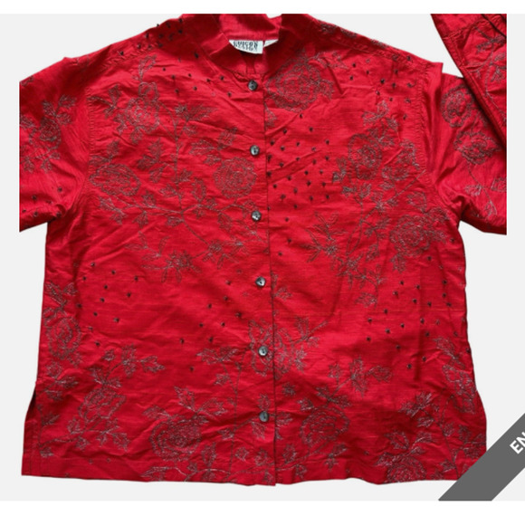 Chico's 100% Silk Top Women's Size Medium Red Asian Beaded Embroidery Button Up - Picture 3 of 9